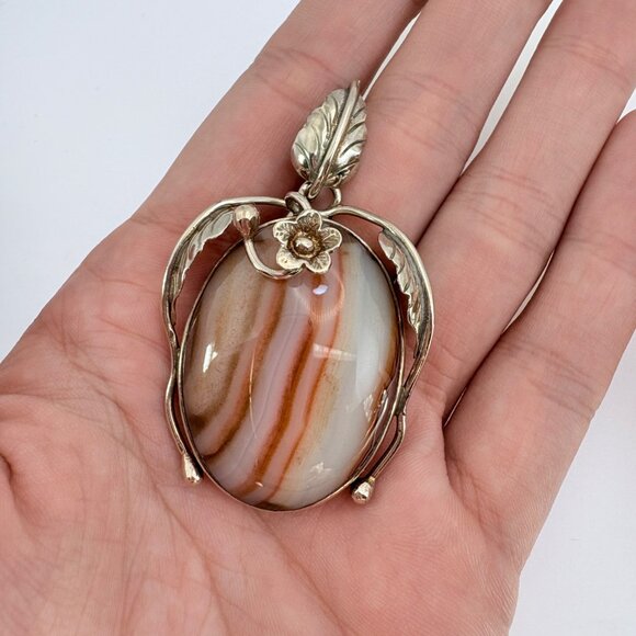 VTG Sterling Silver 925 Banded Agate Leaf Design Pendant Size 2.5" Length - Picture 4 of 11